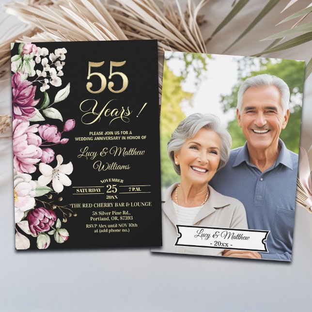 Convites Elegant Floral Gold 55th Wedding Anniversary Photo (Criador carregado)