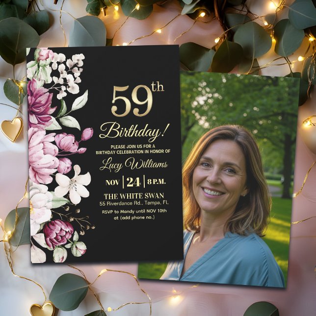Convites Elegant Floral Gold 59 Birthday Photo (Criador carregado)