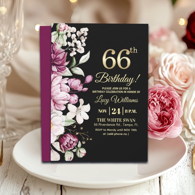 Convites Elegant Floral Gold 66 Birthday Party (Criador carregado)