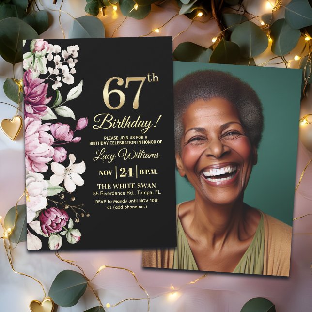 Convites Elegant Floral Gold 67 Birthday Photo (Criador carregado)