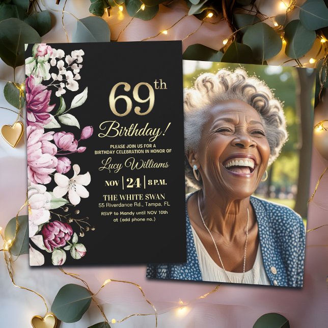 Convites Elegant Floral Gold 69 Birthday Photo (Criador carregado)