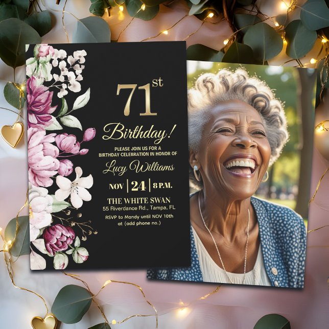 Convites Elegant Floral Gold 71 Birthday Photo (Criador carregado)