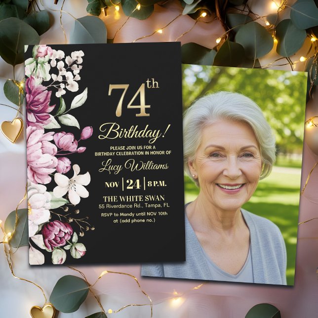Convites Elegant Floral Gold 74 Birthday Photo (Criador carregado)