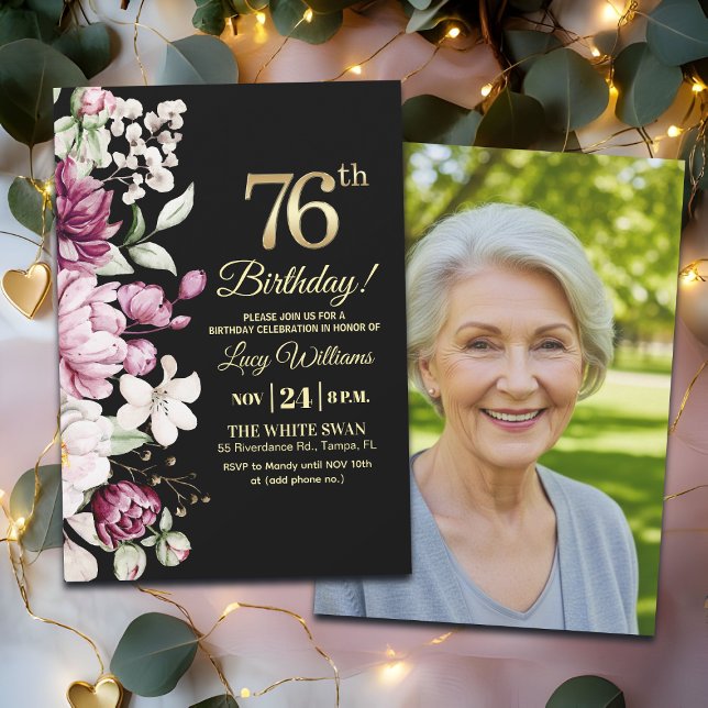 Convites Elegant Floral Gold 76 Birthday Photo (Criador carregado)