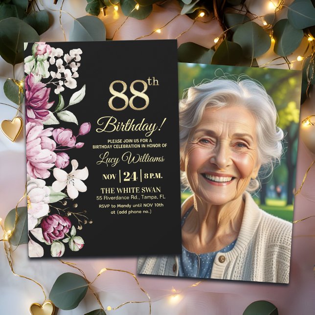 Convites Elegant Floral Gold 88 Birthday Photo (Criador carregado)