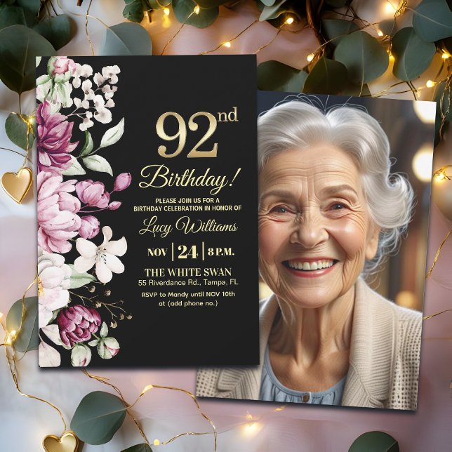 Convites Elegant Floral Gold 92 Birthday Photo (Criador carregado)