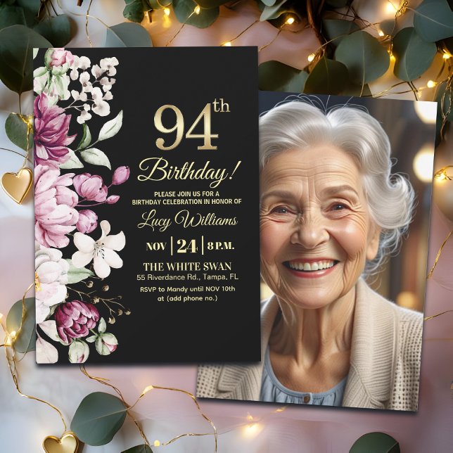 Convites Elegant Floral Gold 94 Birthday Photo (Criador carregado)