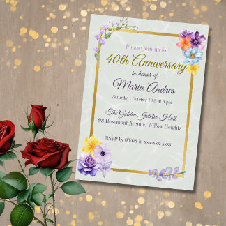 Convites Elegant Floral Gold Frame 40th Birthday Invitation