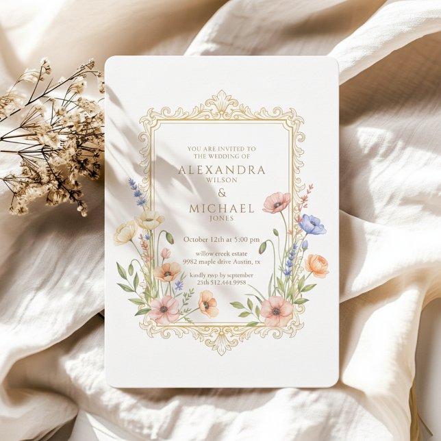 Convites Elegant Floral Gold Frame Wedding Invitation (Luxury floral wedding invitation inspired by classic European elegance)