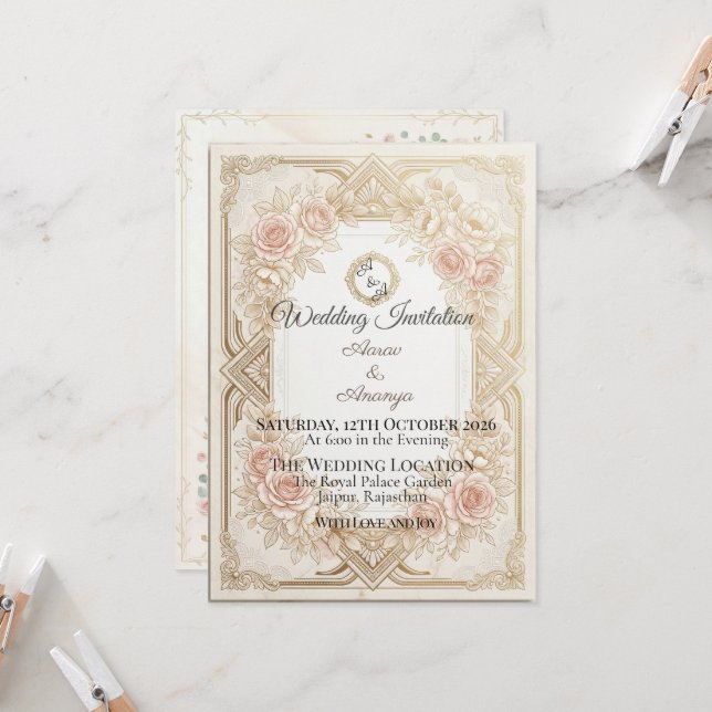 Convites Elegant Floral Gold Wedding Invitation | Editable (Frente/Verso In Situ)