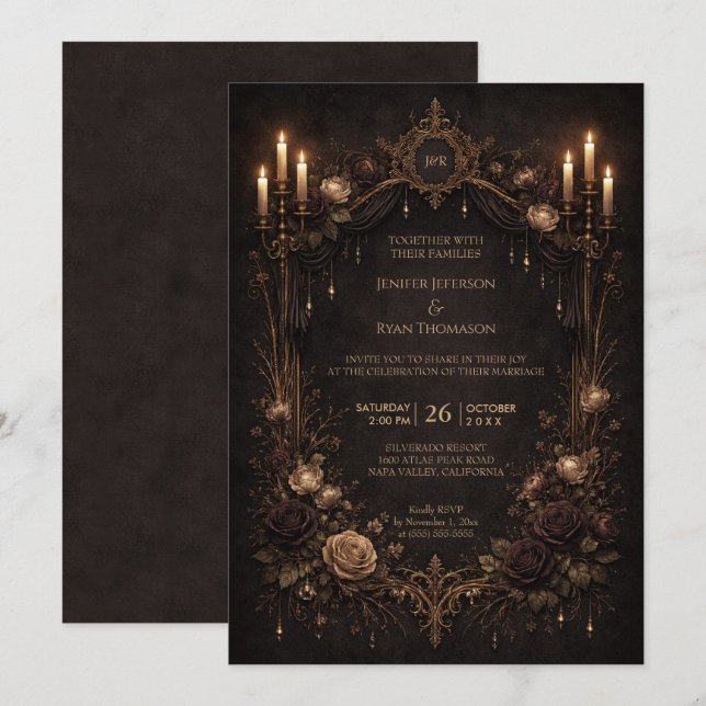 Convites Elegant floral gothic halloween wedding Invitation (Frente/Verso)