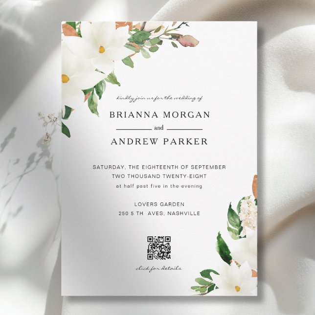 Convites Elegant Floral Magnolia QR Code Wedding (Elegant Floral Magnolia QR Code Wedding Invitation)
