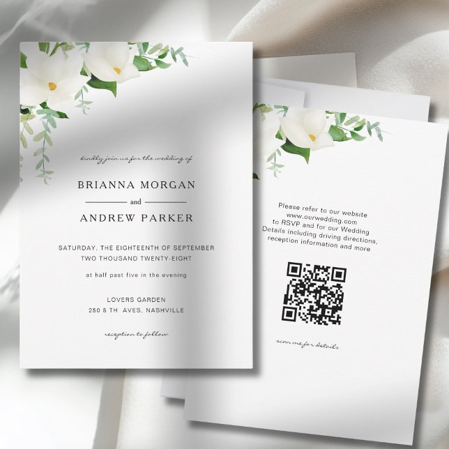Convites Elegant  Floral Magnolia Wedding QR Code (Elegant Floral Magnolia Wedding QR Code Invitation)