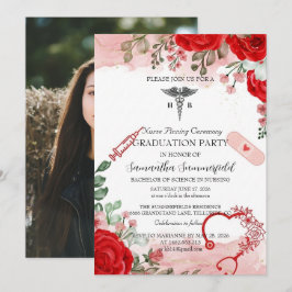 Convites Elegant Floral Nursing Graduation Invitation | Red