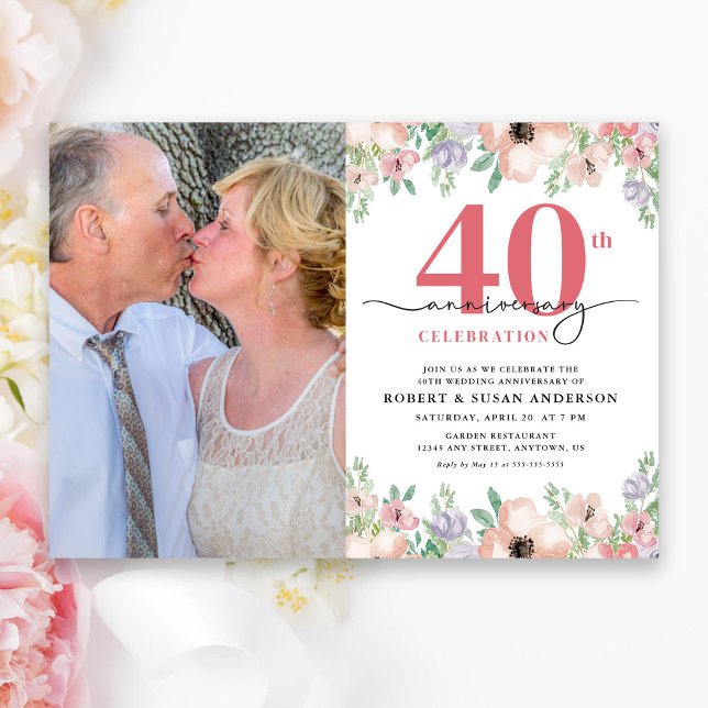 Convites Elegant Floral Photo 40th Wedding Anniversary (Criador carregado)