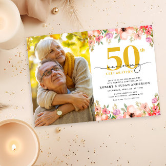 Convites Elegant Floral Photo 50th Wedding Anniversary