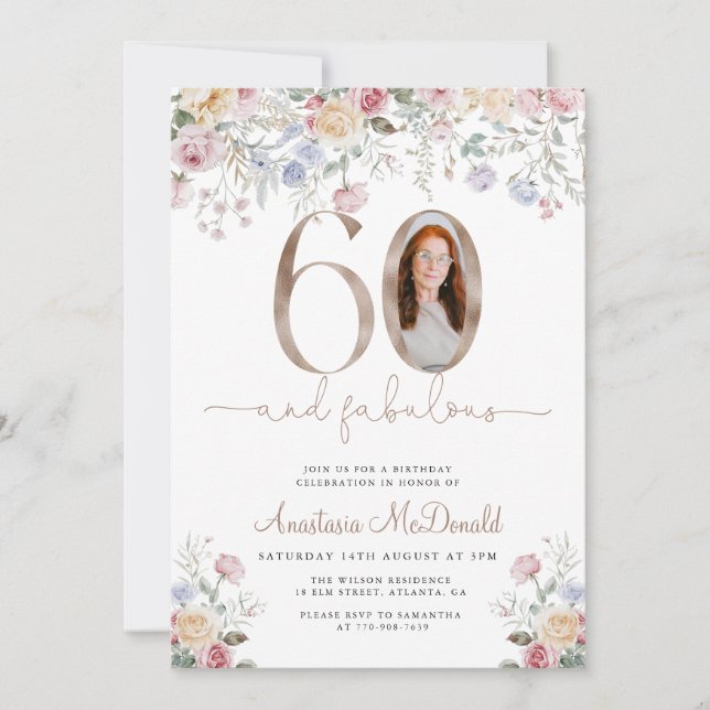 Convites Elegant Floral Photo 60th Birthday (Frente)