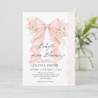 Convites Elegant Floral Pink Bow Girl Baby Shower