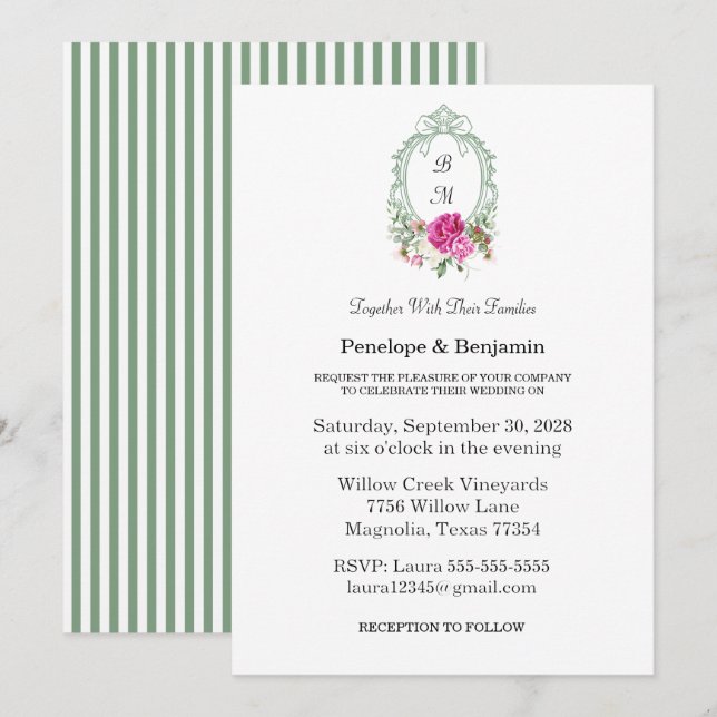 Convites Elegant Floral Pink Peony Monogram Wedding (Frente/Verso)