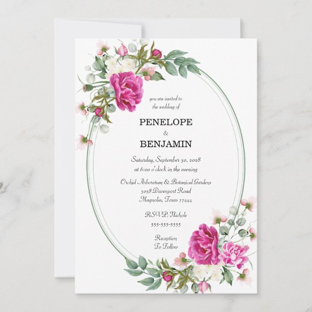 Convites Elegant Floral Pink Peony Monogram Wedding (Frente)