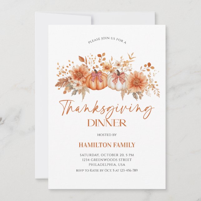 Convites Elegant Floral pumpkin Thanksgiving Dinner party (Frente)