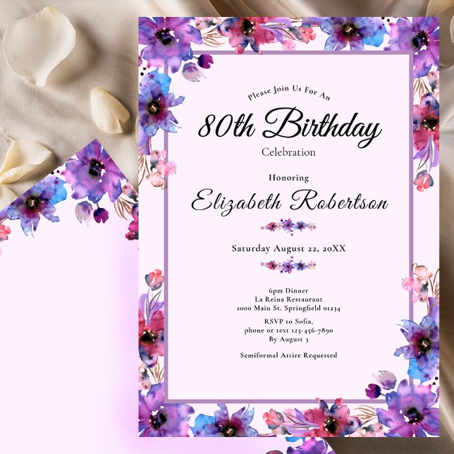 Convites Elegant Floral Purple 80th Birthday  (Criador carregado)