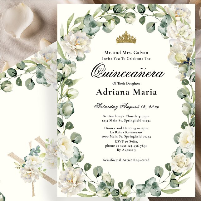 Convites Elegant Floral Quinceanera Invitation Ivory Flower (Criador carregado)