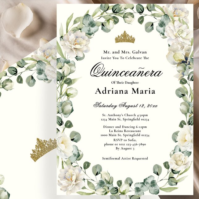 Convites Elegant Floral Quinceanera Invitation Ivory Flower (Criador carregado)