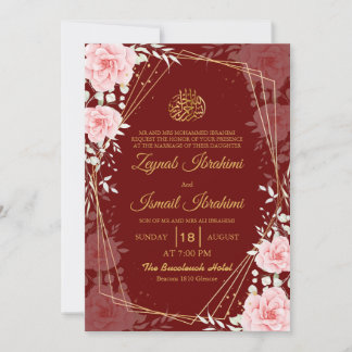 Convites Elegant Floral Red Gold Islamic Muslim Wedding