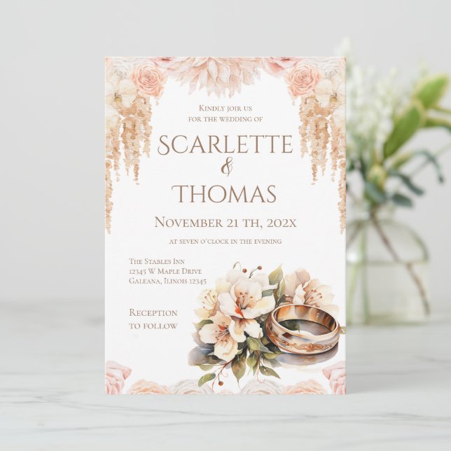 Convites Elegant Floral Rings Wedding Invitation (Em pé/Frente)