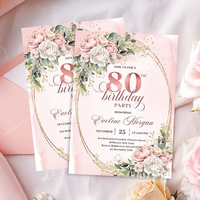 Convites Elegant Floral Rose Gold Greenery 80th Birthday   (Elegant Floral Rose Gold Greenery 80th Birthday Invite)