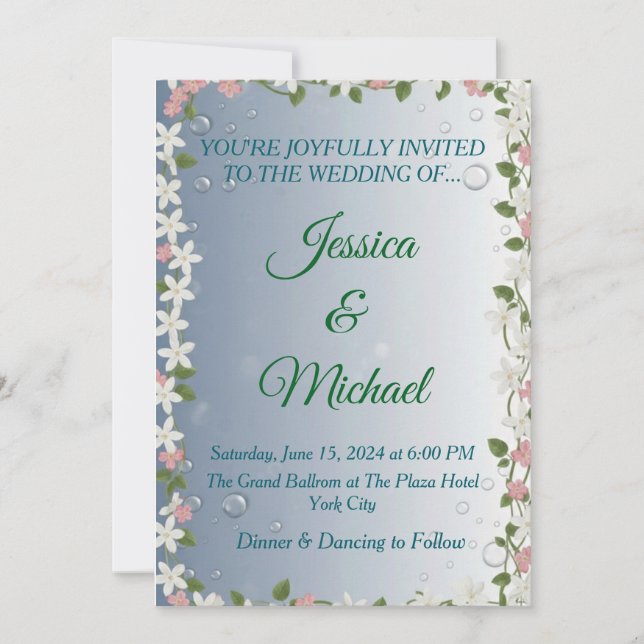 Convites Elegant Floral Silver & Blue Wedding Invitation  (Frente)