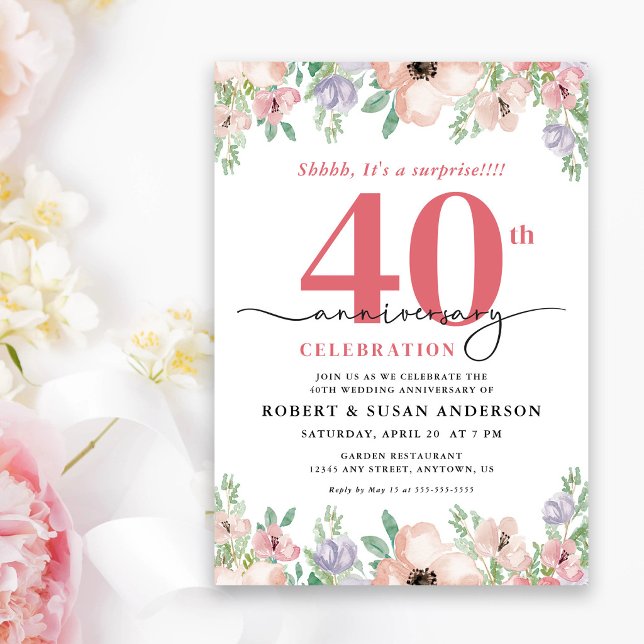Convites Elegant Floral Surprise 40th Wedding Anniversary (Criador carregado)