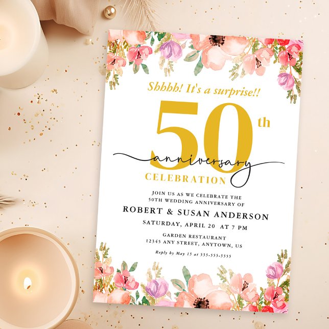 Convites Elegant Floral Surprise 50th Wedding Anniversary (Criador carregado)