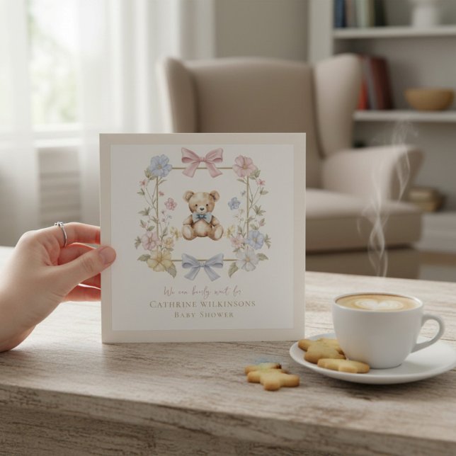 Convites Elegant Floral Teddy  pastel  baby shower QR code (Criador carregado)