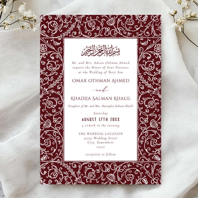 Convites Elegant Floral Vintage Burgundy Islamic Wedding (Criador carregado)