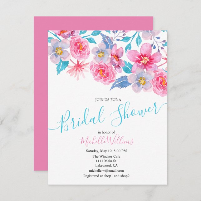 Convites Elegant floral watercolour bridal shower (Frente/Verso)