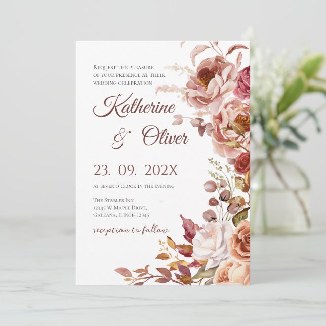 Convites Elegant Floral Wedding Invitation (Em pé/Frente)