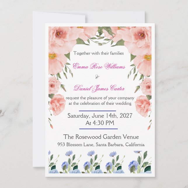 Convites Elegant Floral Wedding Invitation | Blush Pink  (Frente)