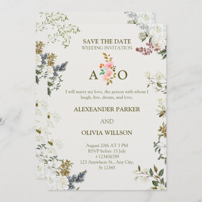 Convites Elegant Floral Wedding Invitation – Modern CARD (Frente/Verso)