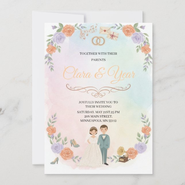 Convites Elegant Floral Wedding Invitation | Romantic Garde (Frente)