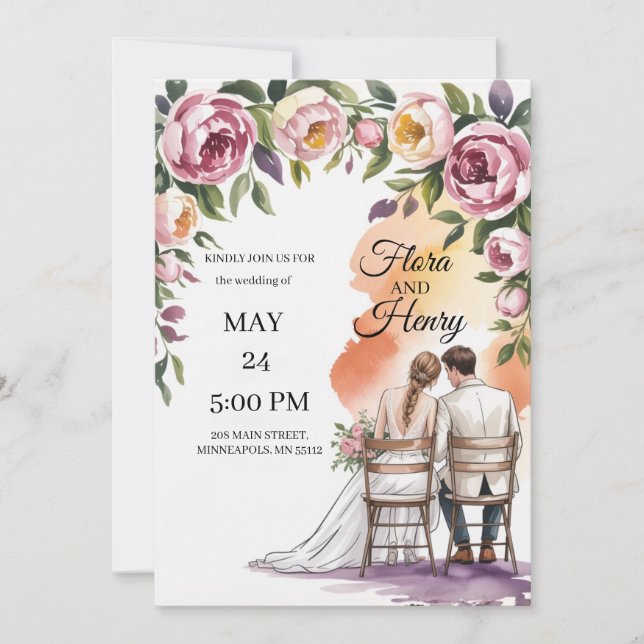 Convites Elegant Floral Wedding Invitation | Romantic Garde (Frente)