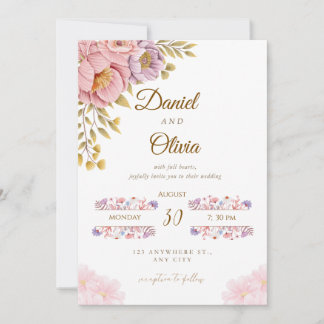 Convites Elegant Floral Wedding Invitation | Romantic Pink