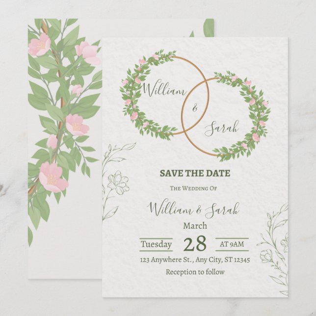 Convites Elegant Floral Wedding Invitation Template  (Frente/Verso)