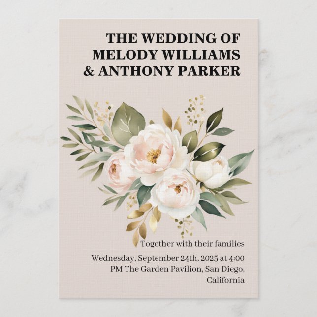 Convites Elegant Floral Wedding Invitation | White Rose & E (Frente)