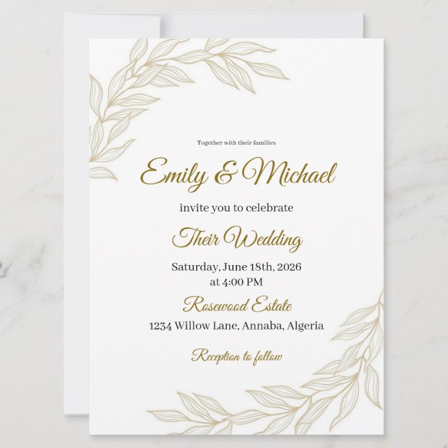 Convites Elegant Floral Wedding Invitation with Gold Script (Frente)
