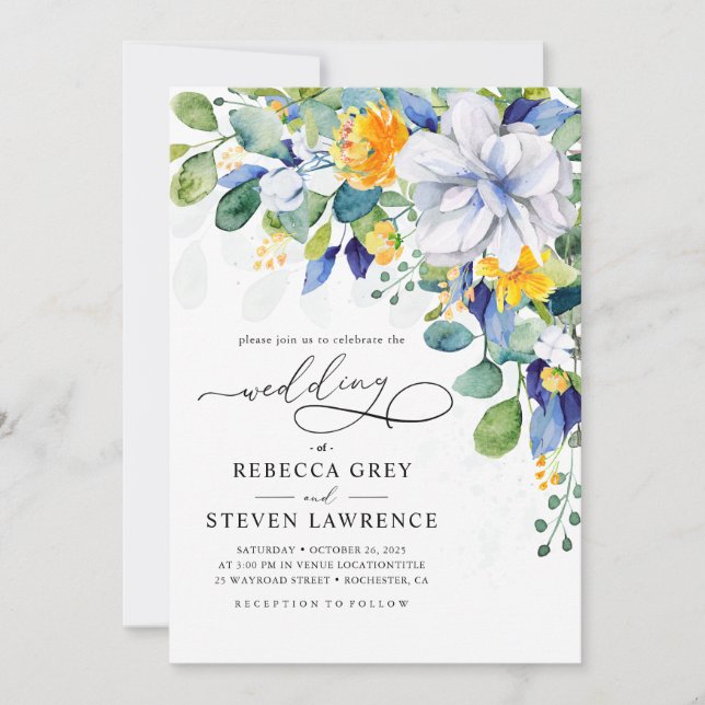 Convites Elegant floral yellow and blue wedding photo (Frente)
