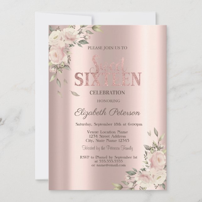 Convites Elegant Flowers Rose Gold Sweet 16 Birthday (Frente)