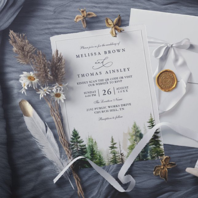 Convites Elegant forest minimalist pine qr code wedding (Criador carregado)