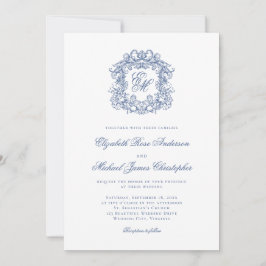 Convites Elegant French Blue Monogram Crest Wedding